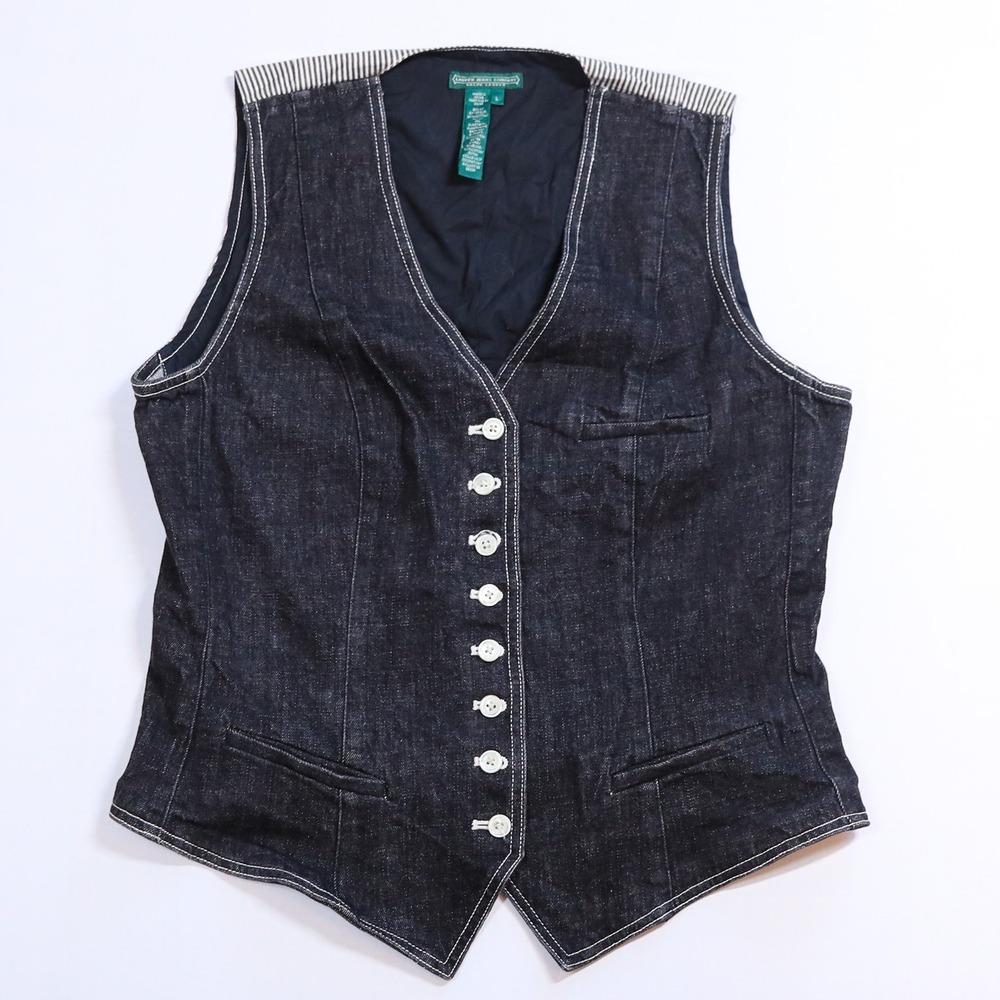 Lauren Jeans Co Ralph Lauren Denim Vest Women L Black Hickory Stripe Waistcoat